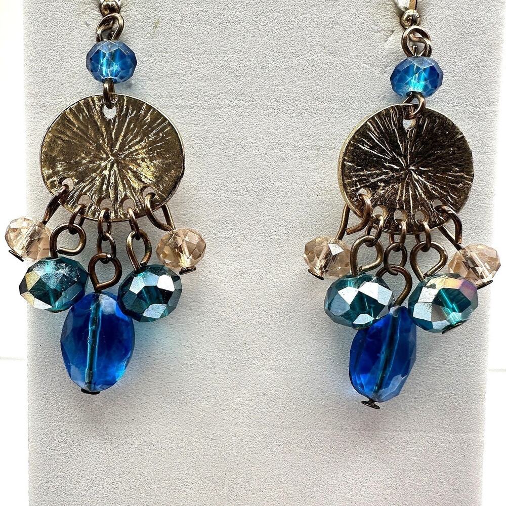 Vintage 90s Blue Glass Gold Tone Drop Earrings Textured Disc Dangle Pair Boho